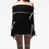 Lace Multi Bow Bandage Slash Neck Long Sleeve Dress